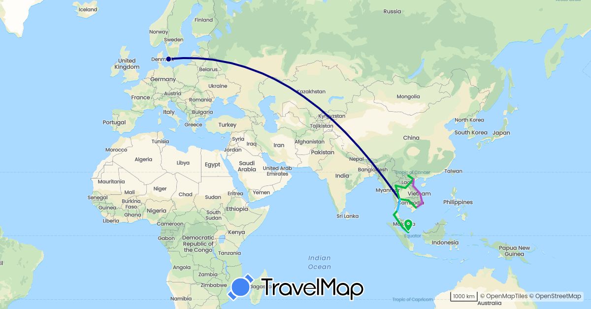TravelMap itinerary: driving, bus, train, boat in Denmark, Cambodia, Laos, Malaysia, Singapore, Thailand, Vietnam (Asia, Europe)